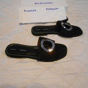 Circular Silver-tone Accented Suede Slides